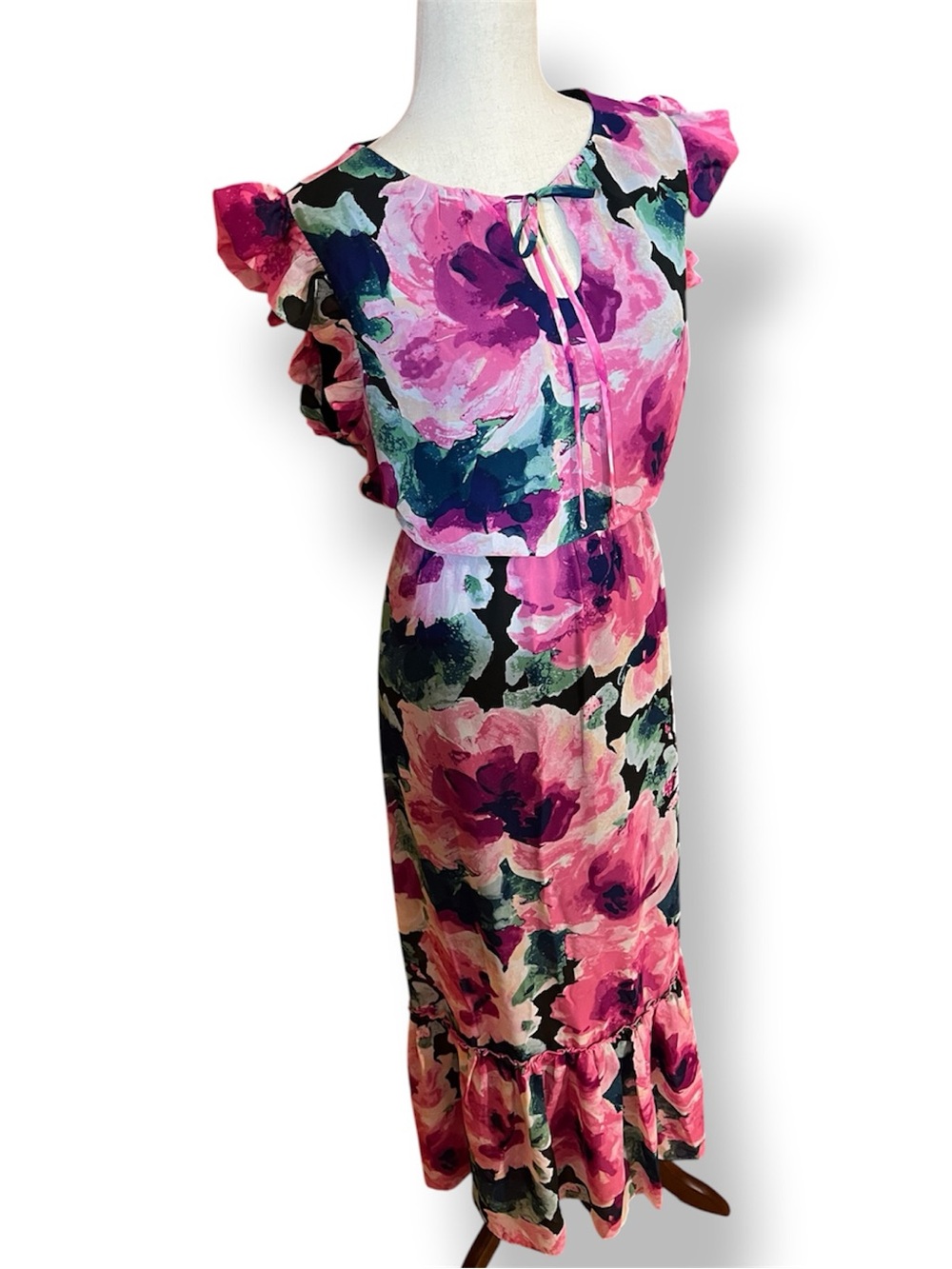 Nicole Miller, Size 12, Pink Floral Maxi Dress with Ruffled Hem - EUC - Picture 2 of 10